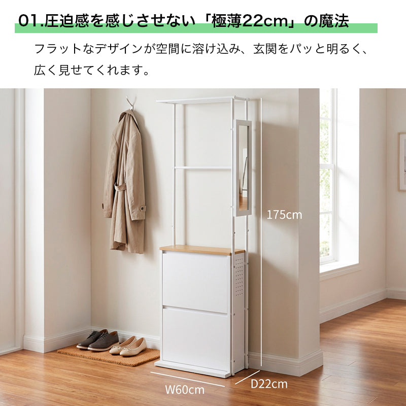 玄関収納 スリム 薄型 奥行22cm 幅60cm シューズボックス 鏡付き