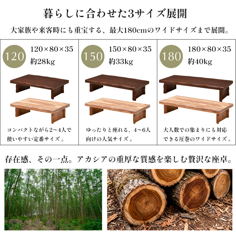 座卓 120cm 150cm 180cm ローテーブル 大きめ アカシア 無垢 集成材