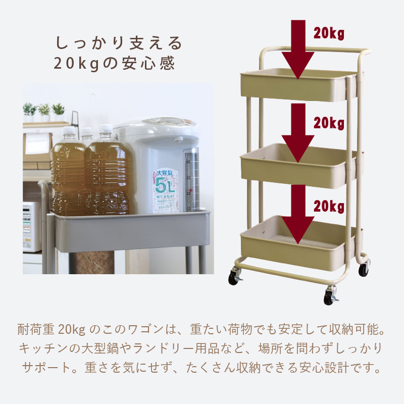 【新商品】キッチンワゴン キャスター付 ストッパー付 3段 2段 スチール 耐荷重60kg 高さ90 収納 隙間収納 簡単組立 取っ手付き くすみカラー ラック キッチン インテリア 北欧 おしゃれ 子供用品 おもちゃ収納 キッズ 机 一人暮らし シンプル 室内 ガーデニング